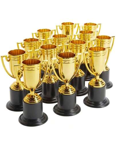 1/2/6pcs Mini Gold Plated Plastic Trophies, Elegant Golden Plastic Trophy Set, Miniature Winner Award Cups With Black Bases, Perfect For Competitions, Costume Parties & Celebrations.