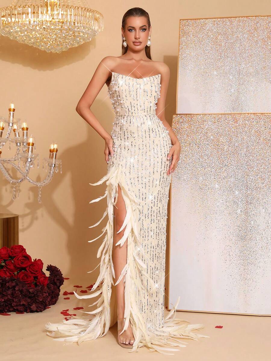 新款奢华女士性感亮片拼接珍珠仿羽毛设计长款连衣裙，露肩无袖修身高开衩露背曳地长裙，时尚百搭，适合女士婚礼、节日派对、正式晚宴等场合。 - 杏色 - 查看 1