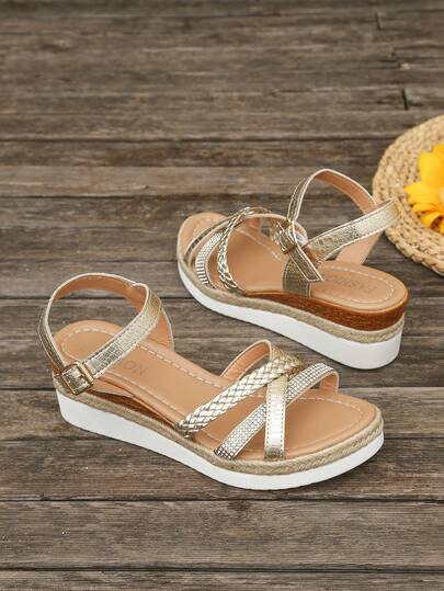 Aijiangluo Women's New Fashion Gold Lightweight Versatile Rhinestone Decorated Open Toe Thick Bottom Sandals, Summer Vacation Style Braided Strap Woven Decor Wedge Sandals Suitable For Dates, Shopping, Commuting, Parties, Beach