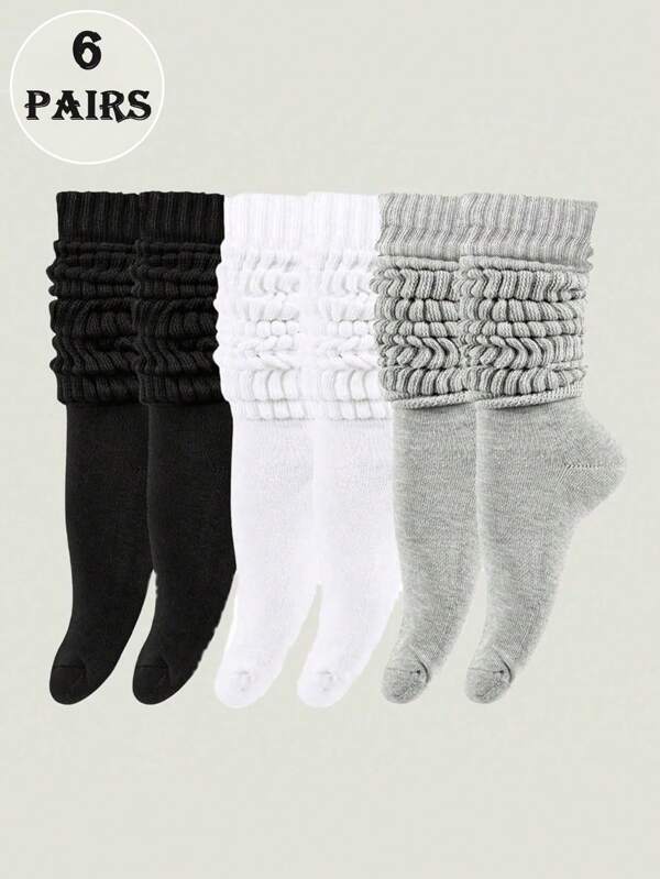 6 Pairs Solid Color Black/White/Grey Unisex Casual Ruched Mid-Calf Socks, Basic Everyday Wear Essential