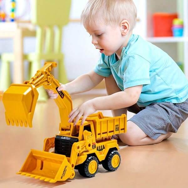 Camión de juguete tipo excavadora de arrastre inercial de color amarillo con volquete, modelo de vehículo de ingeniería hecho de material ABS, no requiere batería, adecuado para niños y niñas, excelente opción de regalo de cumpleaños