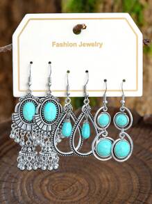TopHanqi 3 Paar modische Ohrringe Set für Damen, vintage silberne Türkis-Hängeohrringe, einzigartige geometrische runde und Blumen-Statement-Ohrringe, für den Alltag, Partys, als Geschenk, für alle Jahreszeiten