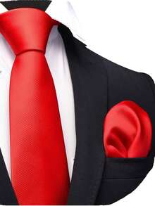 1 Set Men's Ribbed Tie & Pocket Square Set, Wedding Party Groom Tie Set - Royal Blue - View 2