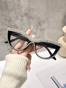 1 件装女士全框水钻装饰优雅美观透明眼镜，适合节日派对化妆户外个性化旅行配件 - 無色 - 查看 7