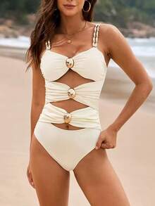 Sexy One Piece Swimsuit Color Blocking Halter Bikini With Metal Clasp Design,Beach And Resort One Piece Swimsuit,Metal Decor,Cut Out,Double Straps,Solid Color,For Women,Mature Swimsuit Set For Women,Featuring Adjustable Strap Top Decorated With Metallic Beads In Tricolor Cutout And Regular Triangle Bottom - 白色 - 查看 1