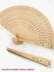 1pc Sandalwood Hollow Wooden Fan Wooden Fan Color Sandalwood Wooden Fan Hollow Folding Fan Printed Wooden Handicraft Fan Imitation Sandalwood Fan, Ideal Choice For Gifts