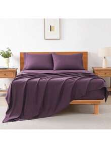 4PCS Cooling Luxury Hotel Sheet Set - 15'' Deep Pockets, Shrink & Fade Resistant With Embroidered Pillowcases | Fitted Sheet + Flat Sheet For Summer Bedding - Dark Purple - 查看 2