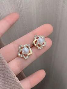 1 对女士镂空花卉耳环，可旋转风车形精致，适合日常佩戴 - 金色 - 查看 1