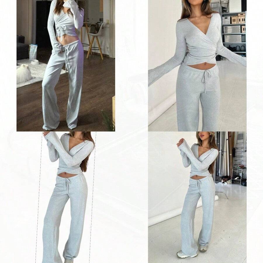 Wom Ballet Wrap Tops Sets Athletic Pilates Tie Front Long Sleeve Shirt Sets Y2k Yoga Cross V Neck Fairy Blouse Sets - A#grey - View 1