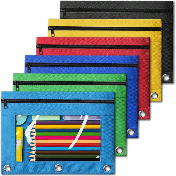 1 pieza Estuche de lápices con sujetadores de anillo de 3 aros, estuche de lápices con cremallera y ventana transparente para carpetas, ojetes reforzados, estuche de lápices de color rosa y azul celeste para carpeta, estuche, mochila escolar, útiles escolares, de vuelta a clases