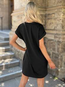 Wildy 纽约字母印花休闲宽松女士夏季圆领T恤连衣裙 1998 纽约追求一切可能 - 黑色 - 查看 5