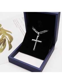 1pc Unisex Italian Cross Pendant Necklace, 3D Cut High Polish Cuban Chain Necklace, Suitable For Daily Wear, Gift For Birthday, Valentine's Day, Party