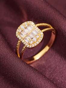1 anel vintage elegante estilo boêmio com dupla camada redonda de zircônia incrustada, adequado para mulheres, casamento, noivado, aniversário, uso diário
