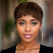 Pixie Cut Human Hair Wig Fashion Short Natural Color Brown Curly Wigs Full Machine Made Wig With Bangs Cosplay  New Year Christmas