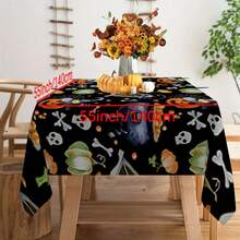 1pc Rectangular Tablecloth With Whimsical Halloween Theme, Colorful Skull, Ghost, Pumpkin Elements, Suitable For Daily Home, Living Room, Dining Room, Theme Party Events, Washable And Reusable
