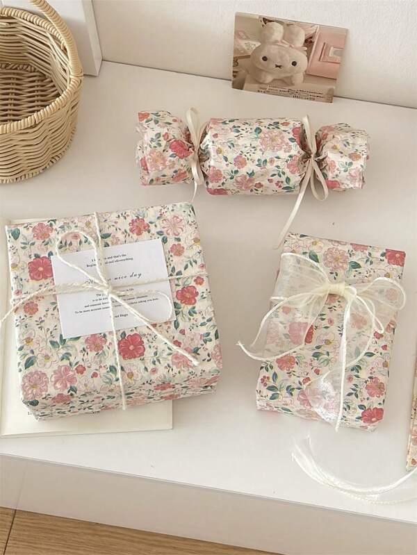 Papel de Embrulho de Presente com Padrão Floral Creme, Papel de Embrulho de Presente com Design Floral Retrô Francês, Papel de Embrulho de Presente para Festa de Feriado, Sacos de Presente e Papel de Embrulho Floral Pequeno do Campo