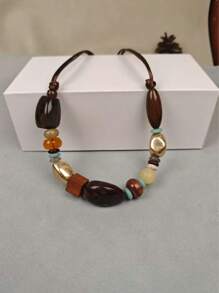 1pc Bohemian Style Turquoise Leopard Print Necklace With Inlaid Wooden Beads And Asymmetrical Colored Stones, Fashionable Exaggerated Necklace For Women, Suitable For Daily Wear, Banquet And Vacation