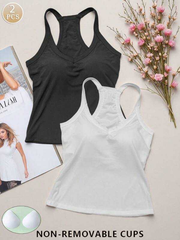 2pcs/Set Solid Color Minimalist V-Neck Camisole Top For Women With Padded Bust, Sexy & Slimming Undershirt