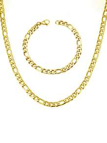 2pcs/Set Stainless Steel Figaro Chain Necklace & Bracelet Jewelry Set, Stylish Hip Hop Design For Men