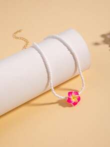 1pc Summer Vacation Hawaiian Style Polymer Clay Plumeria Flower Beaded Necklace For Women, Suitable For Daily Wear And Beach Trips - Pink - View 5
