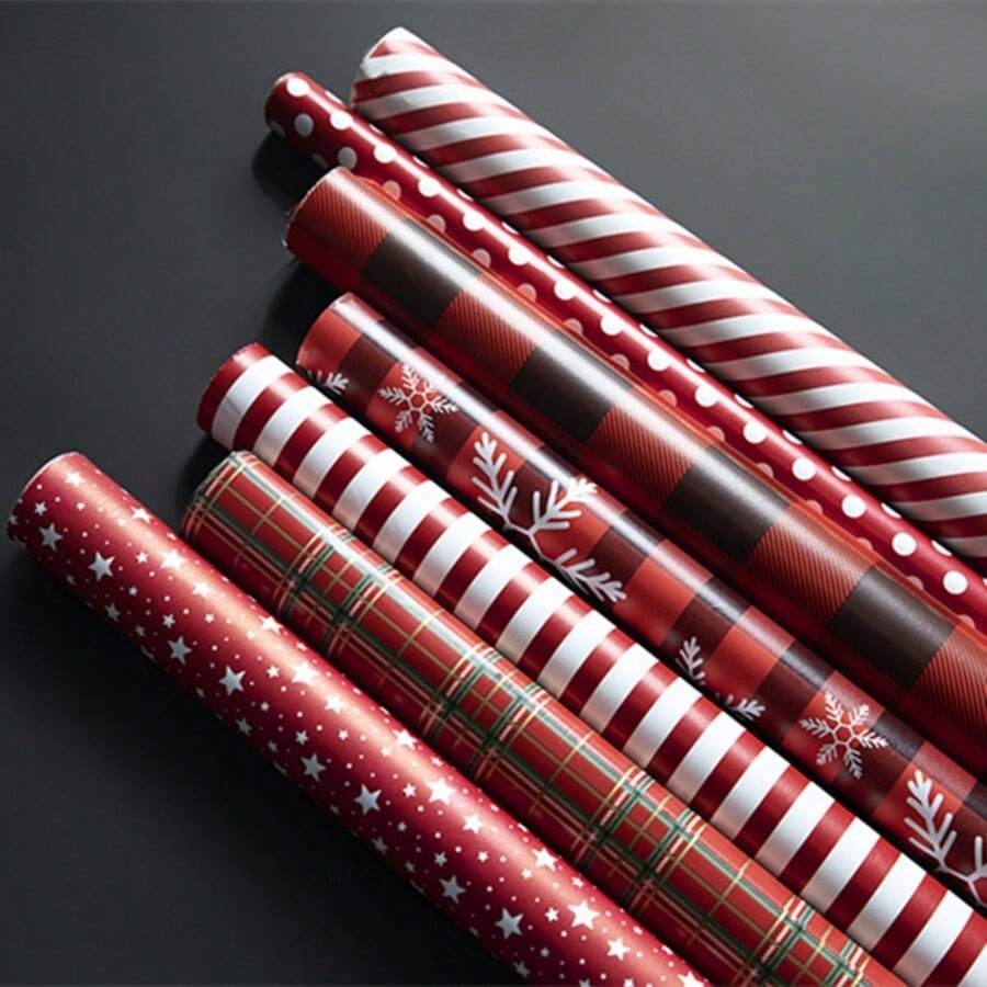 6pcs Assorted Red Plaid Christmas & New Year Gift Wrapping Paper