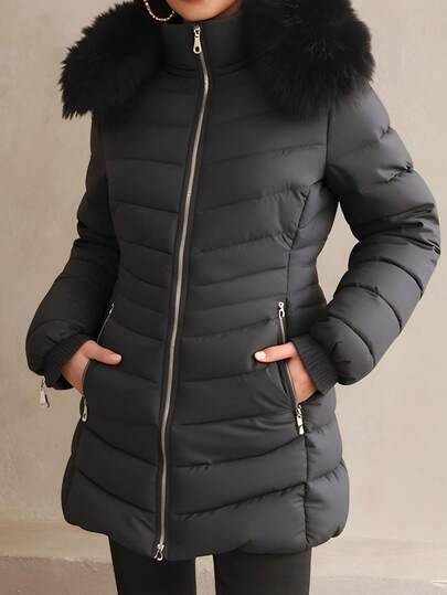 Chamarra Larga para Mujer con Gorro de Peluche Desmontable, Elegante, Calientita y Moderna, Diseño Elegante y Femenino La Convierte En La Opción Ideal Para Los Días Fríos Y Lluviosos, Ya Sea Para Una Salida Casual O Una Ocasión Especial.