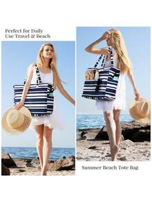 1 件时尚图案女士沙滩包 - 多口袋大沙滩包多功能大容量手提包带湿袋，防水防沙带拉链海滩度假包、泳池包、护理包、周末包、健身包、杂货包、日常包女士理想礼物