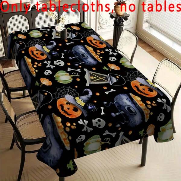 1pc Rectangular Tablecloth With Whimsical Halloween Theme, Colorful Skull, Ghost, Pumpkin Elements, Suitable For Daily Home, Living Room, Dining Room, Theme Party Events, Washable And Reusable