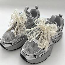 2pcs Fashionable Faux Pearl Lace Bow Shoe Clips, Versatile Detachable Shoe Decorations For Sneakers, Canvas Shoes, Holiday Gift