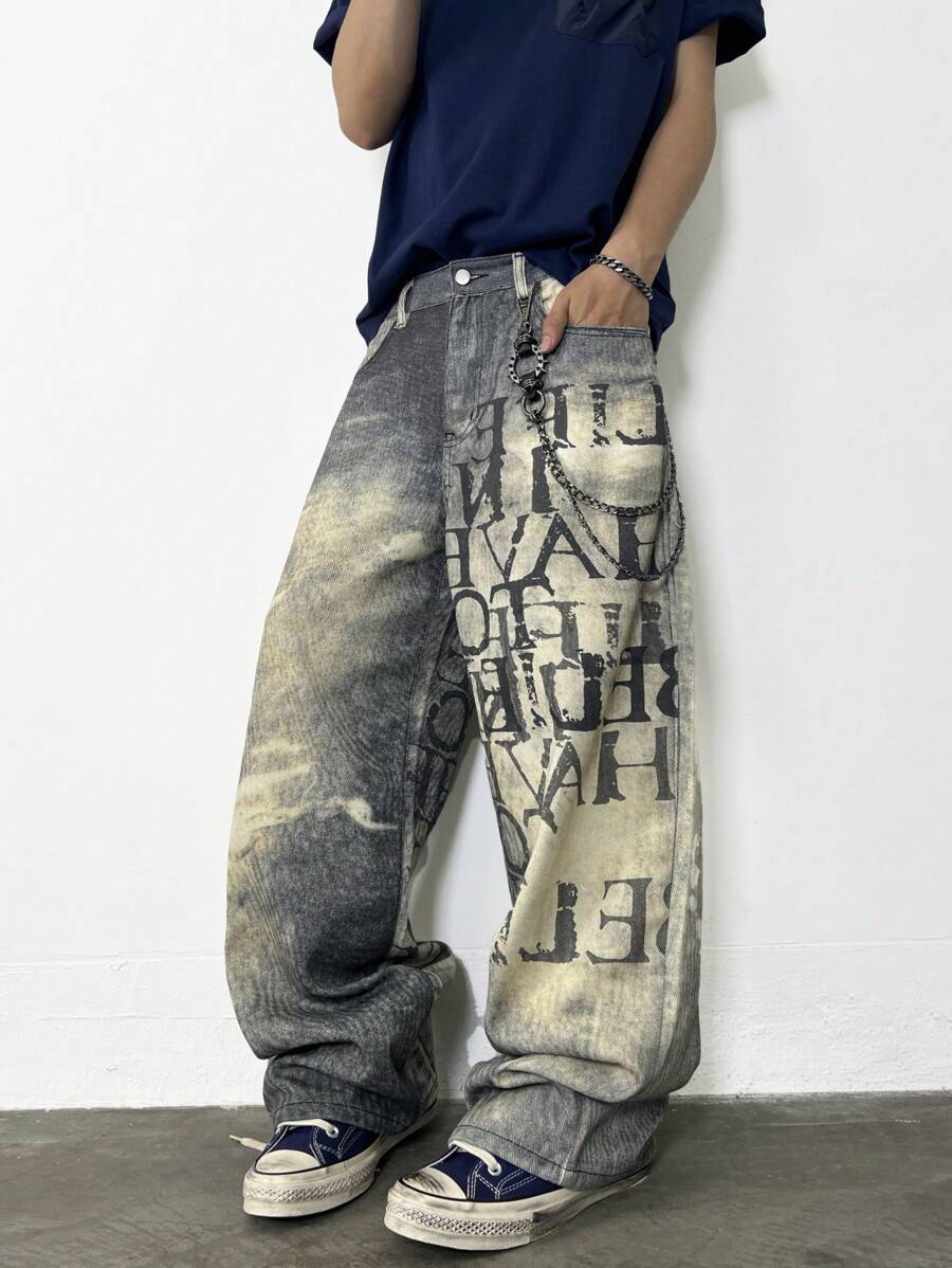 1 Stück Vintage-Stil grafischer Muster, locker sitzende, lässige Weite Bein Jeans Hose für Herren, Emo-Stil