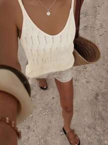 Women Simple Solid Color Sheer Mesh Texture Knitted Tank Top, For Daily Wear, Summer