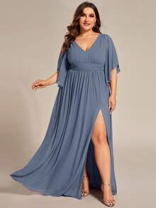 Plus Size Elegant V-Neck Ruffle Sleeve Slit Thigh Chiffon Bridesmaid Dress, Formal Evening Gown For Wedding Guest - Dusty Blue - View 4