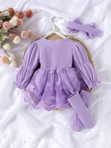 1pc Baby Girl Elegant Lace Mesh Long Sleeve Romper + Headband + Socks, Autumn/Winter