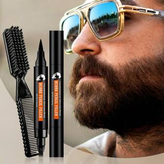 Goiple Kit de crayon à barbe à double tête, stylo de toilettage pour barbe à 4 fourchettes noires, stylo de remplissage pour barbe pour hommes, résistant à la transpiration et à l'eau, pour remplir une barbe clairsemée, stylo de remplissage pour barbe longue durée avec 4 pointes et brosse, crayon multifonctionnel pour les sourcils et l'eye-liner, toilettage de la moustache et de la barbe