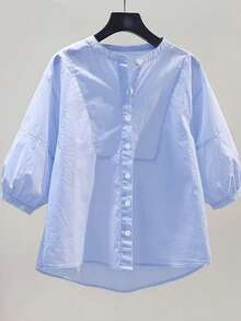 Summer Loose Women's Shirt, Short-Sleeved Maternity Shirt - Blue - View 1