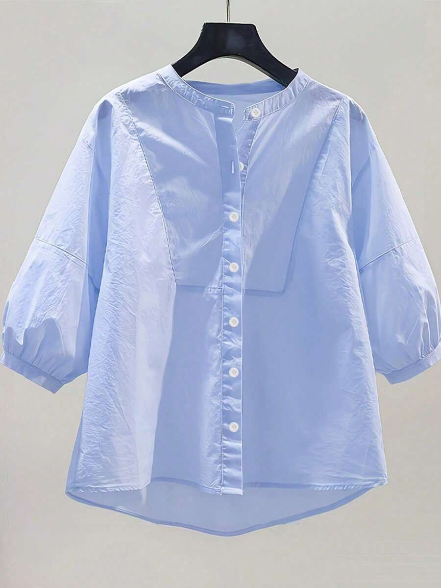 Summer Loose Women's Shirt, Short-Sleeved Maternity Shirt - Blue - View 1