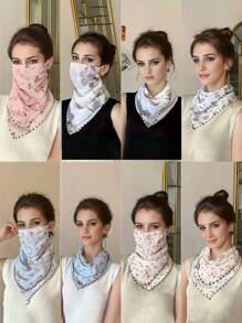 1PC 2025 Summer Sunscreen UV Flower Pattern Veil, Ice Silk Breathable Face Protection Triangle Silk Scarf Women's Ear Hanging Neck