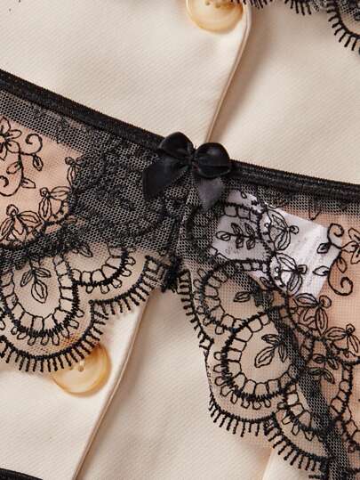 Verleidelijke Lingerie Set, Zwart Mesh Bloemen Geborduurde Padded BH Underwear Intimate Apparel Bedroom, Nightclub view 4