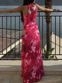 Hot Girl Irregular Hollow Print High Split Sexy Maxi Dress