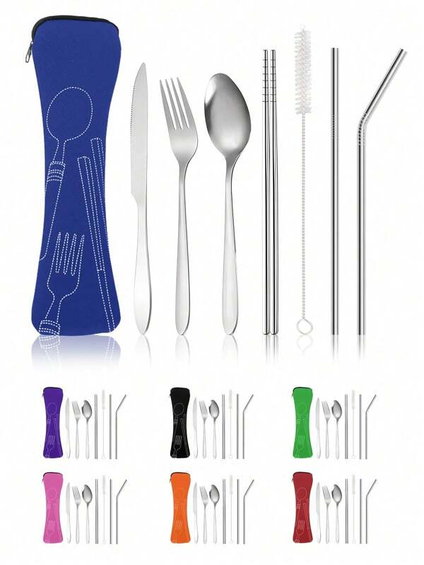 8 pièces Ensemble de couverts portable en acier inoxydable comprenant couteau, fourchette, cuillère, paille droite et coudée, 1 pièce brosse de nettoyage. Pour l'extérieur, les voyages, le camping, le bureau, la cafétéria