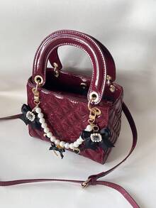 酒红色手提包，时尚 PU 皮革漆面刺绣包，手提包，配有吊坠，多功能漆面菱形手提包，结构化小包，单肩斜挎包，几何图案钱包 - 酒紅色 - 查看 7