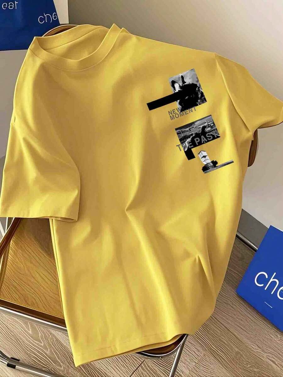 男士休闲字母图案圆领短袖T恤，夏季 - 黃色 - 查看 1
