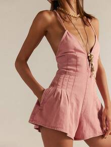 Women Sleeveless Deep V Neck Short Denim Jumpsuit Rompers Spaghetti Strap Backless Tie-Up Ruffle Denim Shorts Jean Overalls