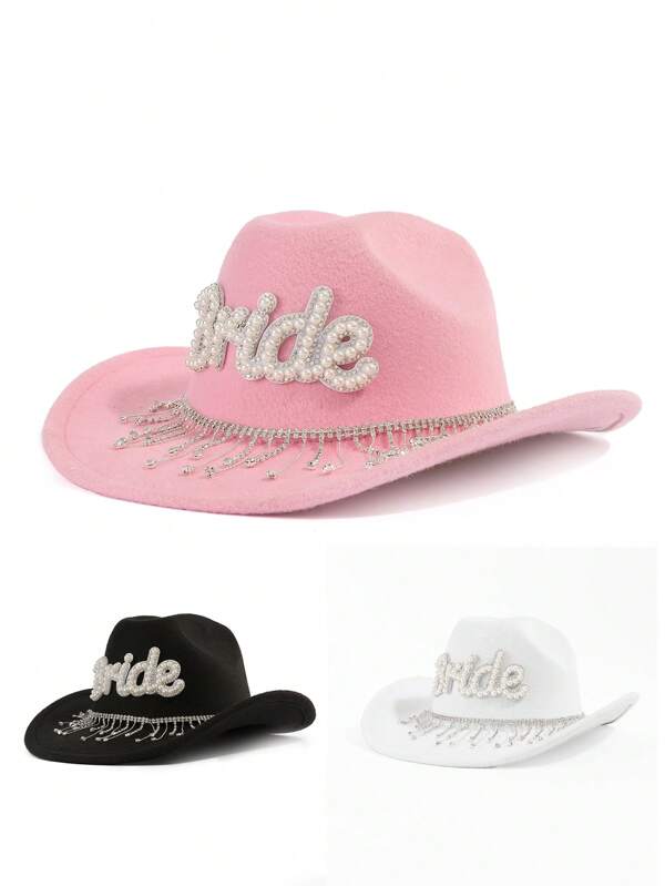 1pc Fashion Rhinestone Embellished Western Style Cowboy Hat, Sun Protection Soft Felt Hat Suitable For Single Ladies, Brides, Parties, Music Festivals