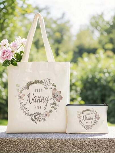 1-2pcs "Best Nanny Forever" Printed Canvas Tote Bag - Wreath Design, Foldable, Reusable Tote Bag, Unisex Tote Bag - Fashionable Beige Shoulder Shopping Bag, Durable Polyester, Machine Washable, Perfect Thank You Themed Gift