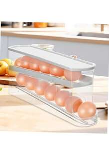 Transparent Egg Storage With Automatic Rolling Function, Double Layer Plastic Egg Holder - Side Sliding Organizing Rack - Transparent Kitchen Egg Storage Container Holds Approx. 14 Eggs