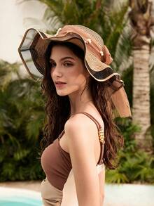 Tropiscape Women's Summer Faux Pearl Embellished Wide-Brimmed Sunhat With Wave Mesh, Ideal For Traveling, Beach, And Sun Protection Bow Beach Autumn Winter Gifts - Wave Pearl Mesh Straw Hat - View 6