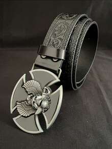 1 件男士骷髅万圣节派对 PU 皮革合金扣休闲腰带，带鹰油画图案设计休闲、商务、男朋友丈夫父亲爸爸男士礼物、日常穿着、时尚、青少年、户外、度假、运动、旅行、街头、波西米亚风、复古 - 黑色 - 查看 2