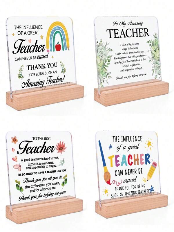 1PC/4pcs Teacher Gifts For Men Women, Funny Square Acrylic Plaque Sign With Wooden Stand, Teacher Birthday Gifts, Teacher Keepsakes Gifts For Back-To-School Season, Teacher's Day Gift, Retirement Gift, Best Teacher Desk Plaque Sign Decoration