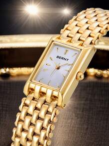 BERNY 1 Stück Damen Edelstahl-Armband, luxuriöse elegante Mode quadratisches Zifferblatt Analog Quarz Armbanduhr, 30m wasserdicht, geeignet für den täglichen Gebrauch
